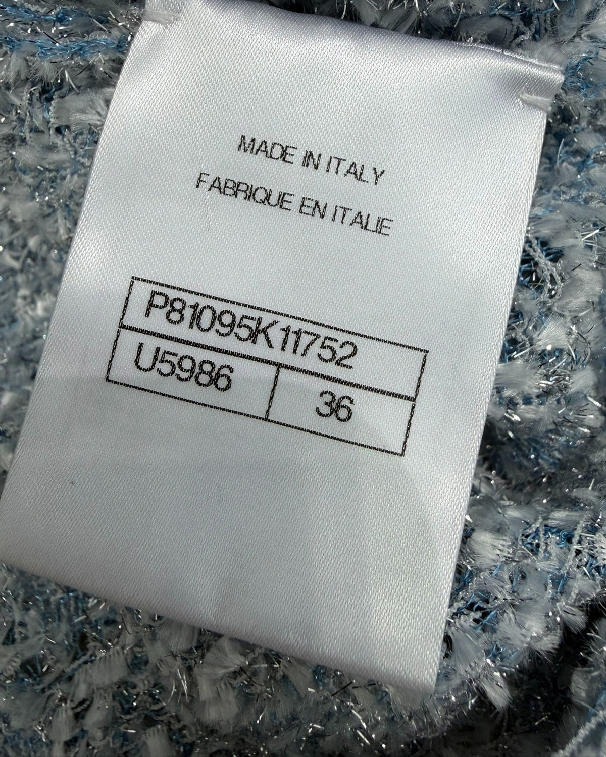 Chanel 26C Shimmer Bouclé Cardigan Blue, White, Silver FR 36