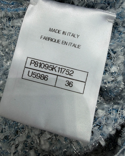 Chanel 26C Shimmer Bouclé Cardigan Blue, White, Silver FR 36
