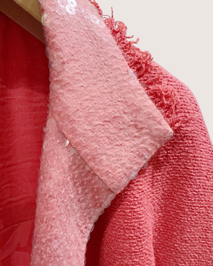 Chanel 08C Sequin-Trim Fringe Tweed Jacket Pink FR 42