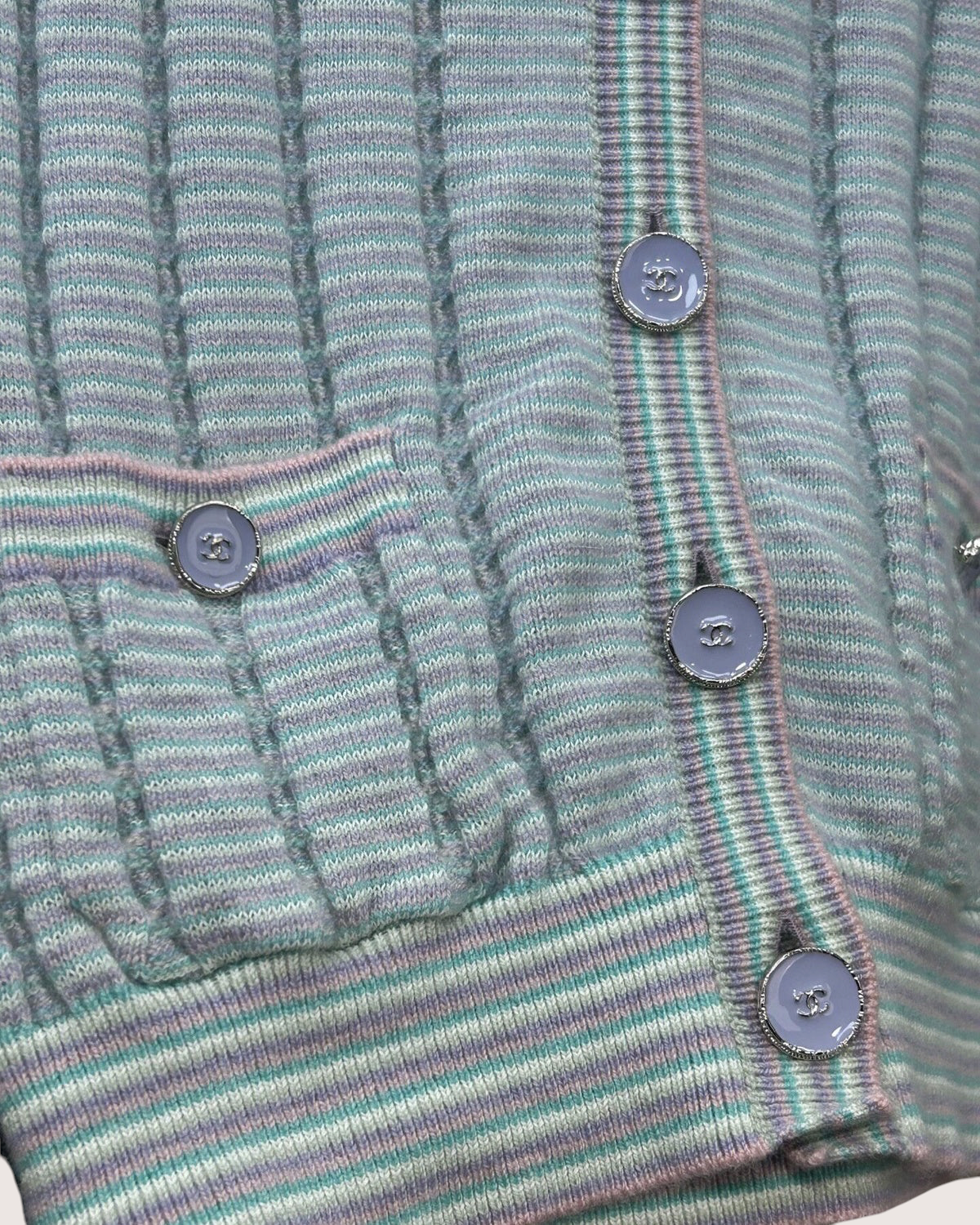 Chanel 25B Cashmere Striped Fringe-Cuff Cardigan Blue, White, Multicolor FR 34