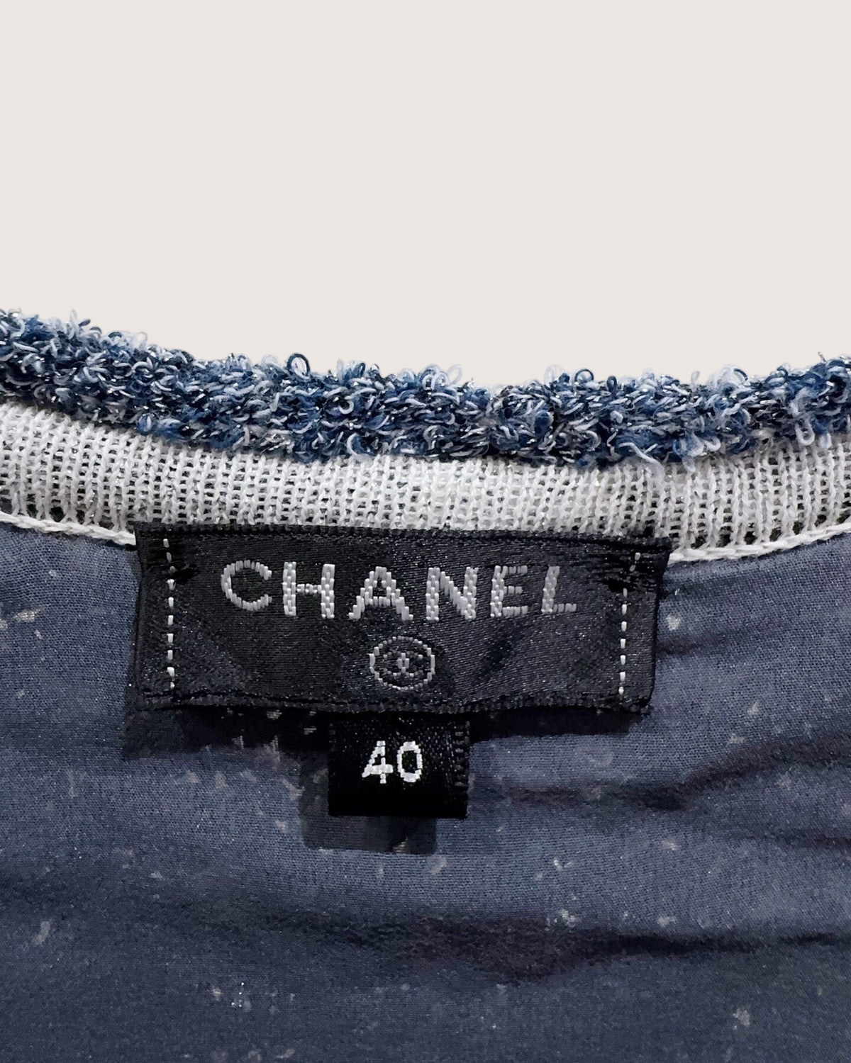 Chanel 18S Asymmetric Fringe Top White, Navy, Silver FR 40