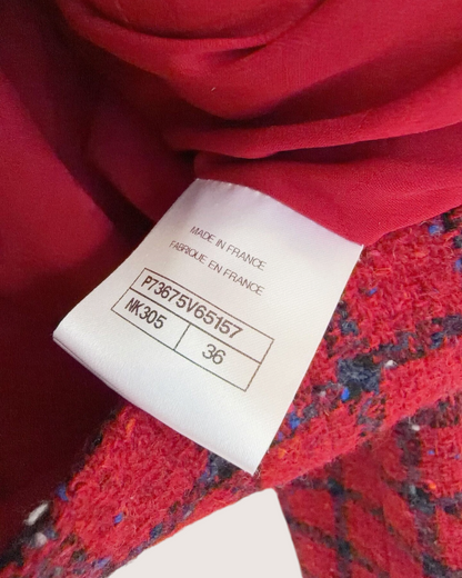 Chanel 22K Checked Tweed Collared Jacket Red, Navy FR 36