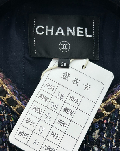 Chanel 21A Wool Sequin Tweed Jacket Navy, Gold, Multicolor FR 38
