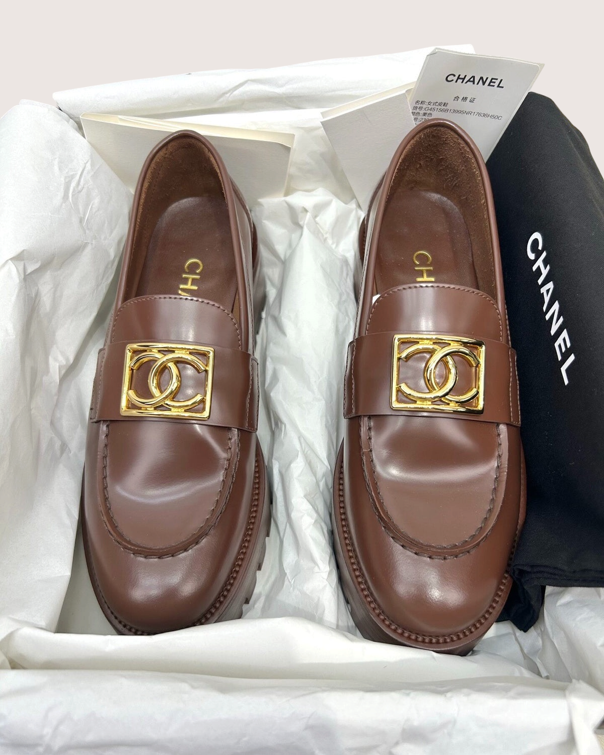 Chanel 23B Platform CC Loafers Brown EU 36.5