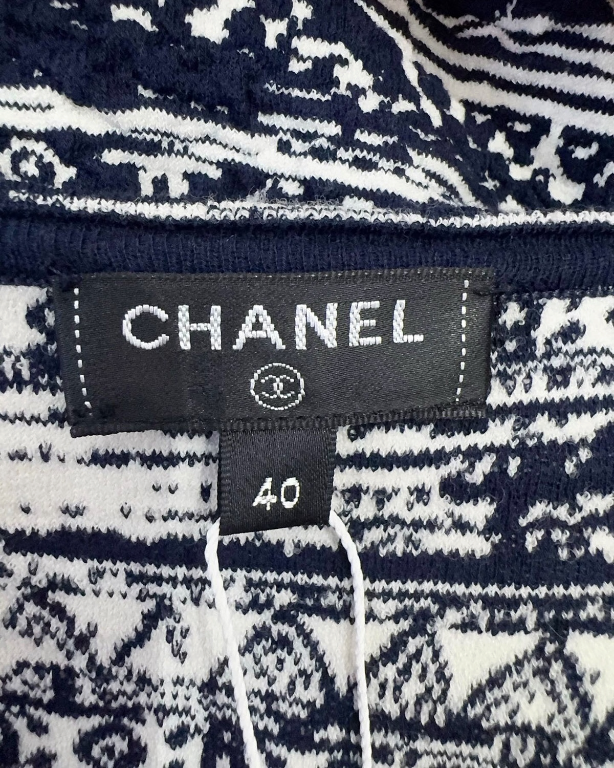 Chanel 18C Geometric-Print Wrap Mid-Length Dress Navy, White FR 40