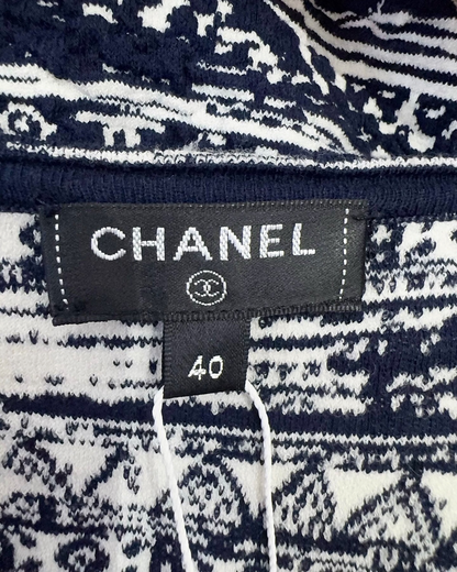 Chanel 18C Geometric-Print Wrap Mid-Length Dress Navy, White FR 40