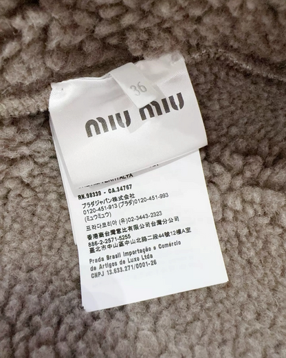 Miu Miu Wool Shearling-Collar Zip-Up Jacket Beige/Ecru, Black FR 36