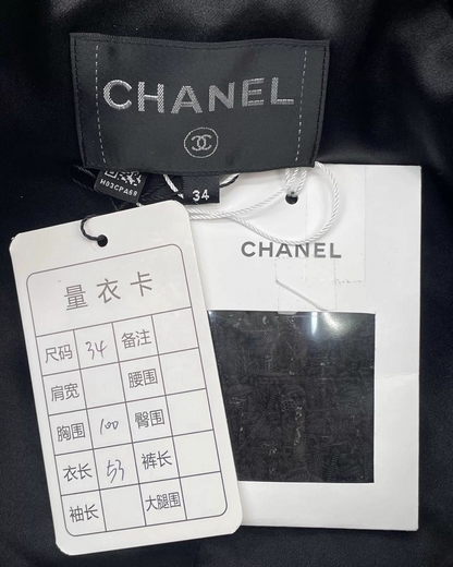 Chanel 22A Pearl & Crystal Embellished Logo Zip-Up Tweed Jacket Black FR 34