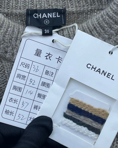 Chanel 24N Coco Neige Wool Crochet Sweater Grey, Navy, Beige/Ecru FR 36