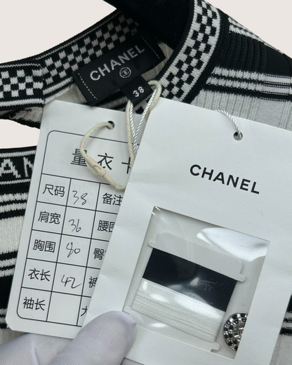 Chanel 23C Striped Cutout-Back Short-Sleeve Top Black, White FR 38