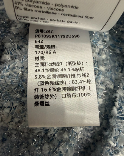 Chanel 26C Knit Shimmer Cardigan Blue, White, Silver FR 42