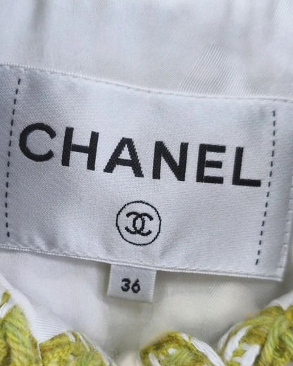 Chanel 22B Houndstooth Wool Cropped Jacket Green, White FR 36