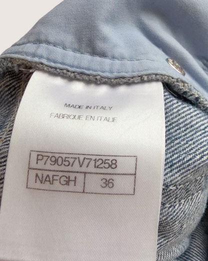 Chanel 25P CC Pearl-Print Wide-Leg Denim Jeans Blue, White FR 36