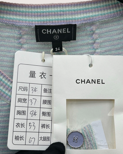 Chanel 25B Cashmere Striped Fringe-Cuff Cardigan Blue, White, Multicolor FR 34