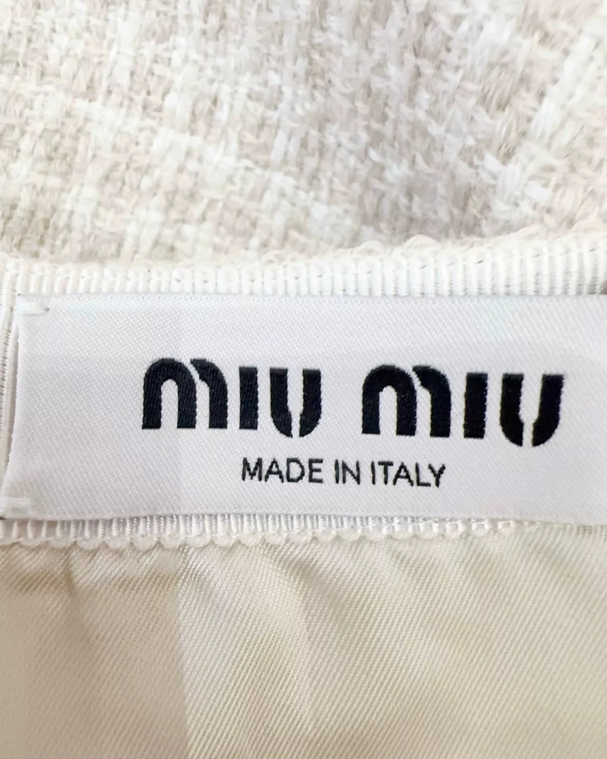 Miu Miu Tweed Logo Mini Skirt Beige/Ecru, Gold FR 36
