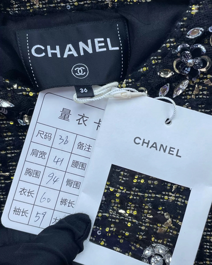 Chanel 25A Tweed Camellia Sequin Jacket Black, Gold FR 36
