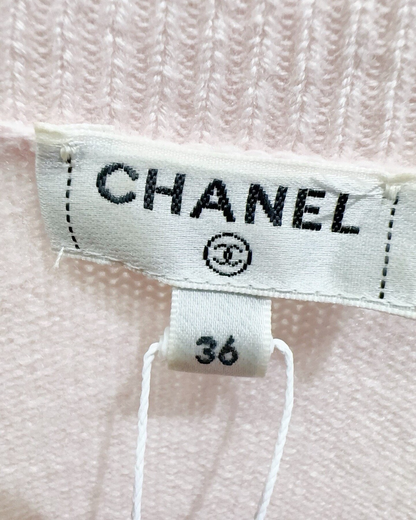 Chanel 21S Cashmere Pearl Logo Cropped Sweater Pink, White FR 36