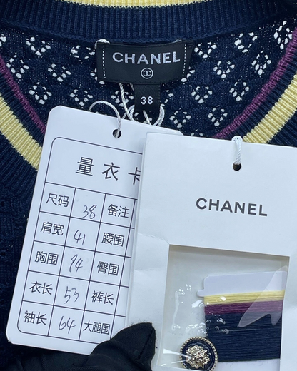 Chanel 26C Cashmere Openwork Cardigan Navy, Yellow, Purple FR 38