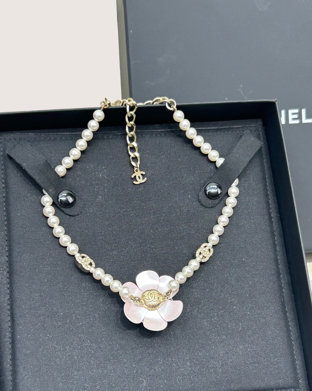 Chanel 23C Camellia Pearl Choker Necklace White, Pink, Gold One Size