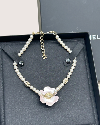 Chanel 23C Camellia Pearl Choker Necklace White, Pink, Gold One Size