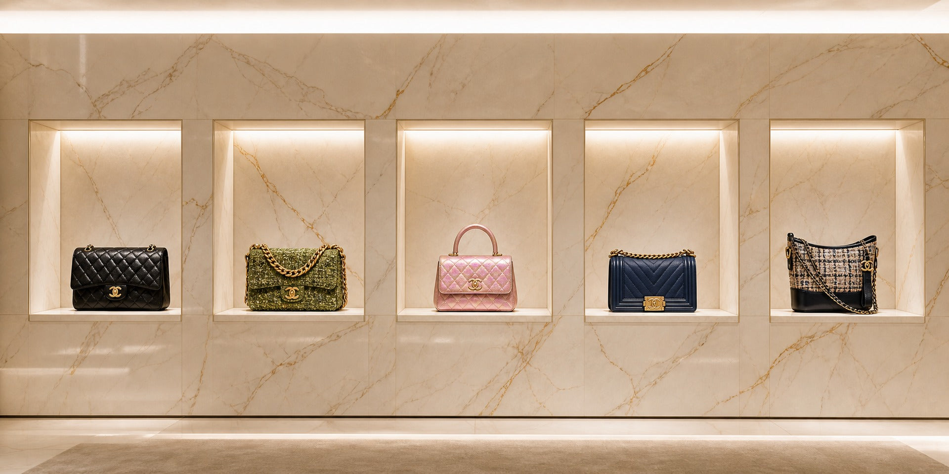 Luxury boutique marble niches with Chanel handbags for Reemawy homepage